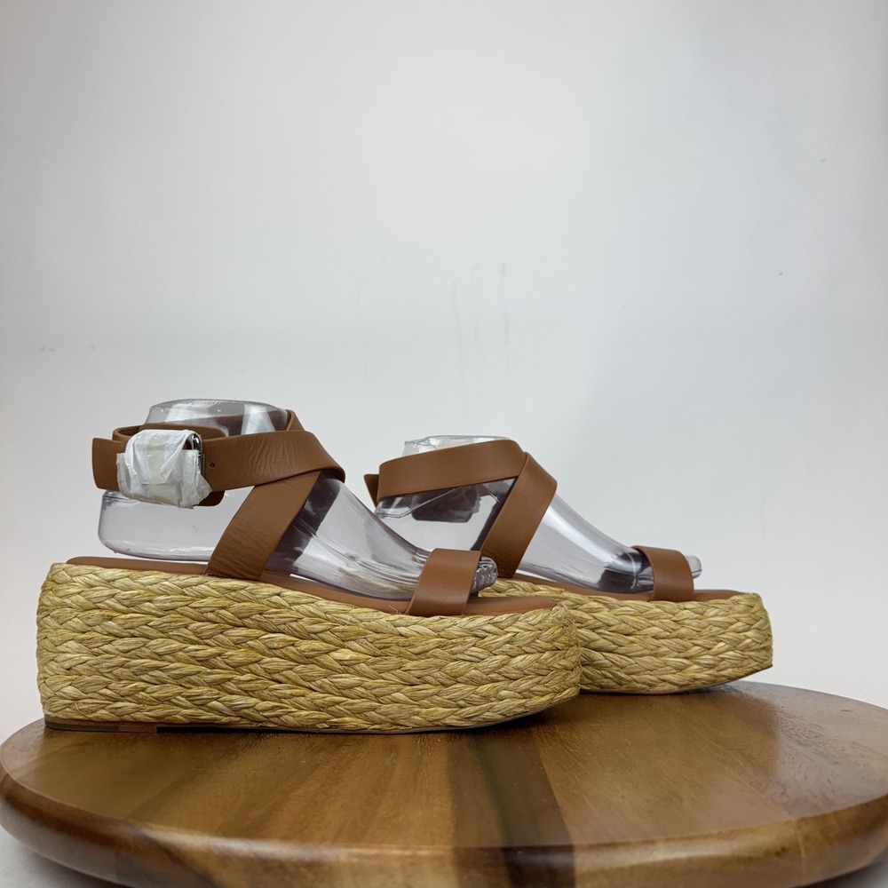 New Womens Pure Donna Karan Lolah Brown Leather Platform Espadrille Sandal Sz 10